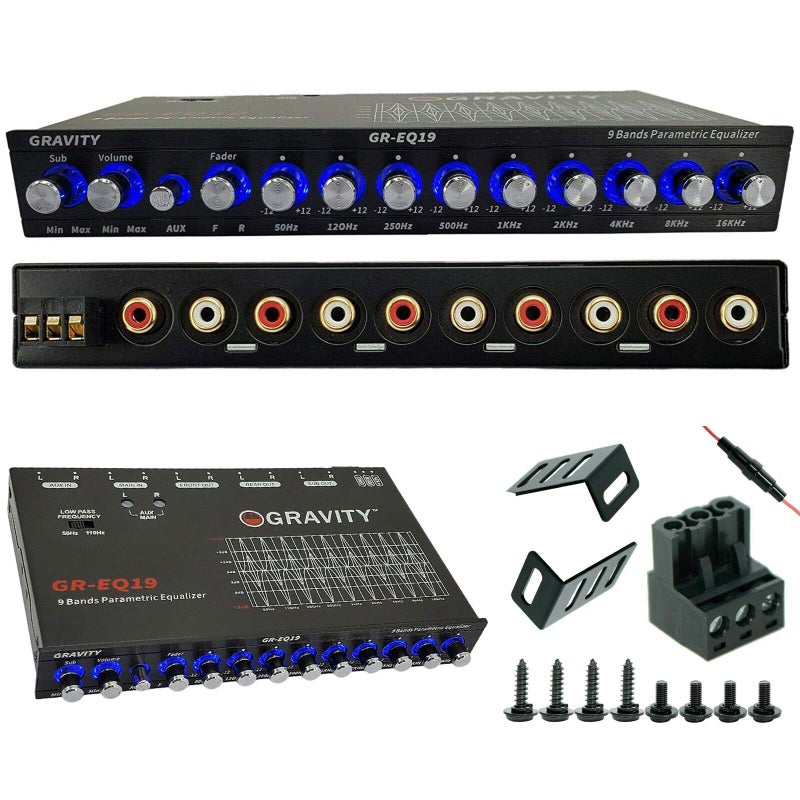 Gravity EQ19 1/2 Din 9 Equalization Bands Band Car Audio Equalizer EQ Front, Rear + Sub Output 9V with Three Stereo RCA Output/Built-in Input AUX/DVD Select Switch - Image 1